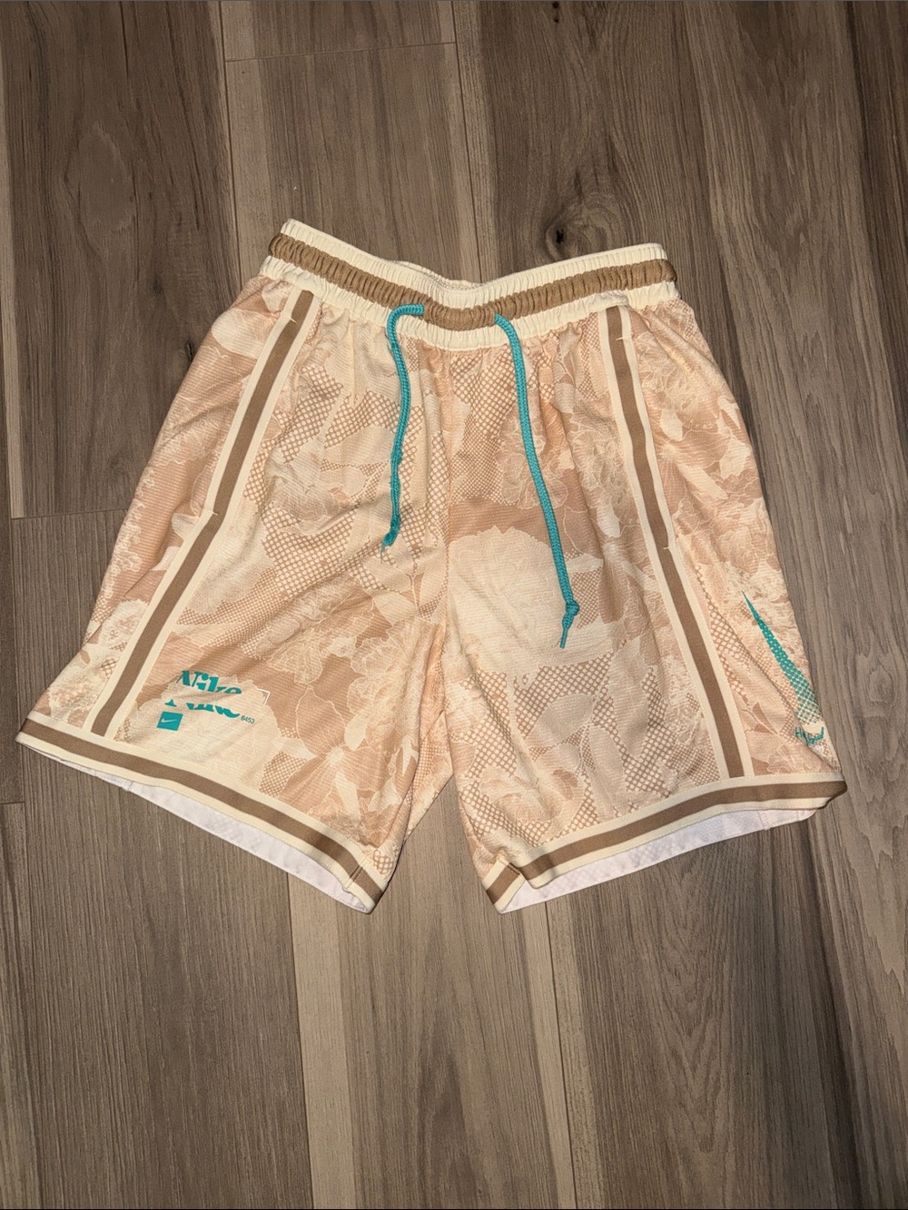 Nike Beige Athletic Mesh Shorts with Teal Drawcord